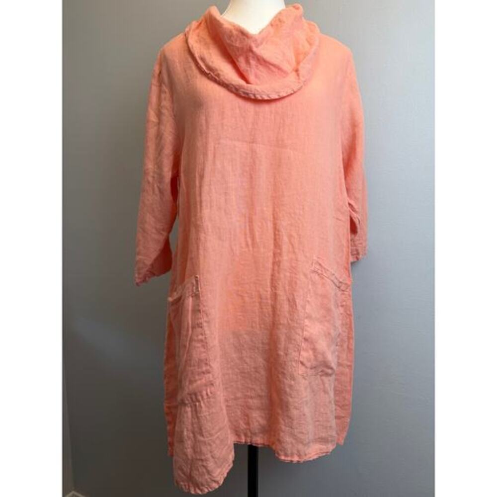 Match Point USA Sm Linen Tunic Mock Cowl‎ Neck Lagenlook Pockets Coral Pockets